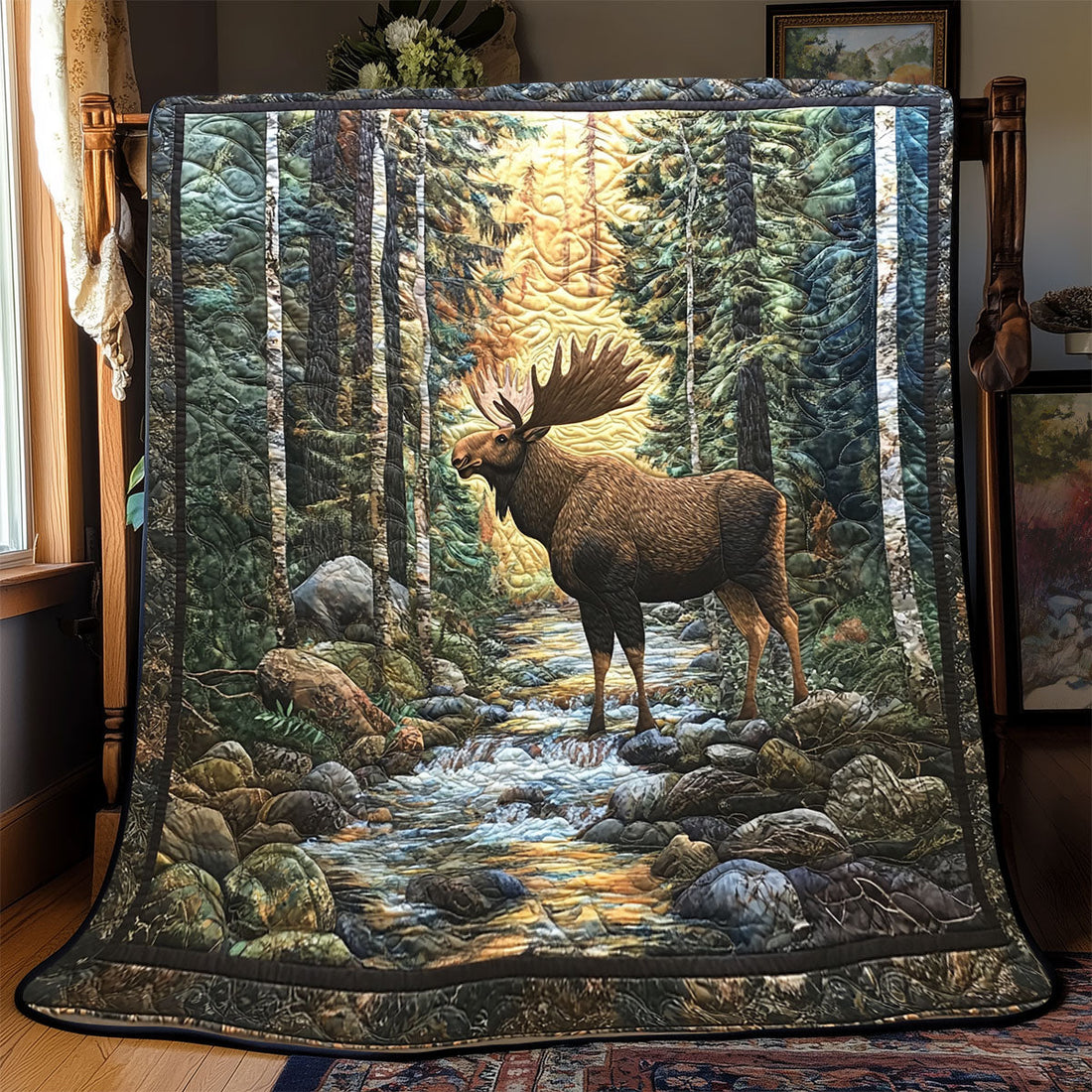 Moose In Forest Quilt Blanket