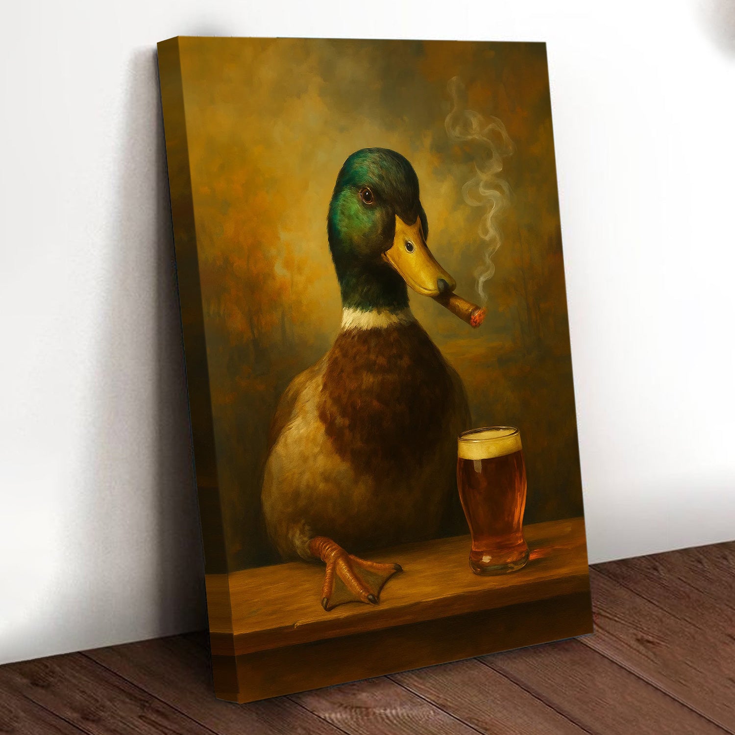 Funny Mallard Duck Smoking & Drinking Cocktail Glasses Canvas Wall Art - Hunting Perfect Gift for Hunters & Cocktail Glasses Lovers