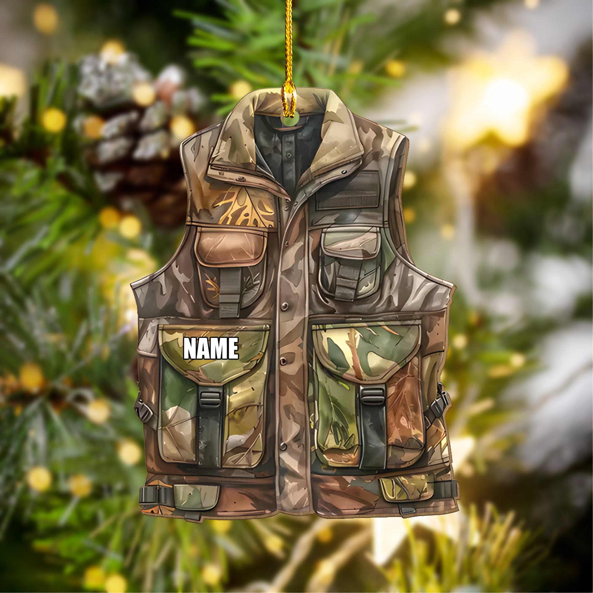 Personalized Camo Hunting Vest Ornament – Custom Name Christmas Tree Decoration Gift for Hunters